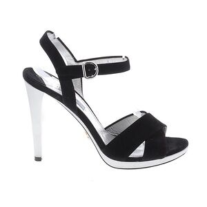 Prada Black Calzature Donna Velvet Silver Metallic Ankle Strap heels sz 38.5